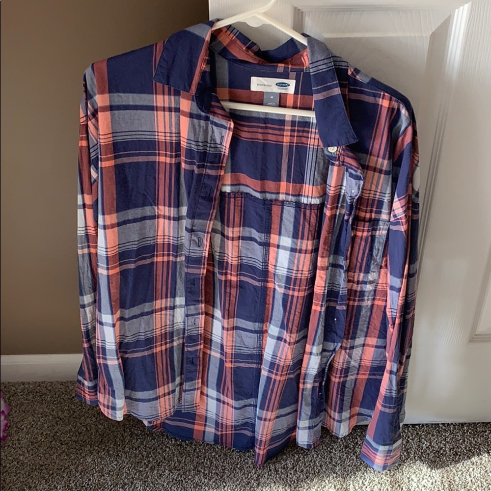 Navy, orange and white plaid